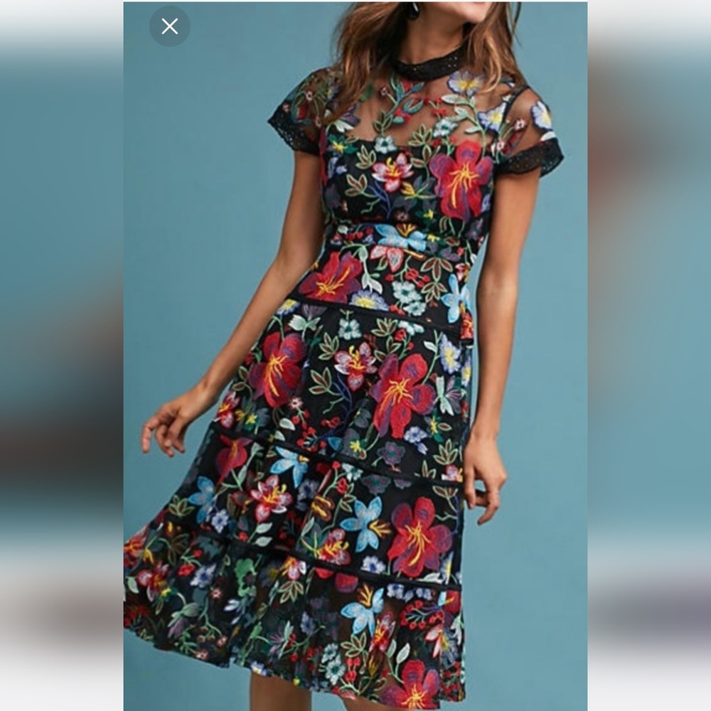 Anthropologie Black Sheer Midi Dress with Multicolor Floral Embroidery